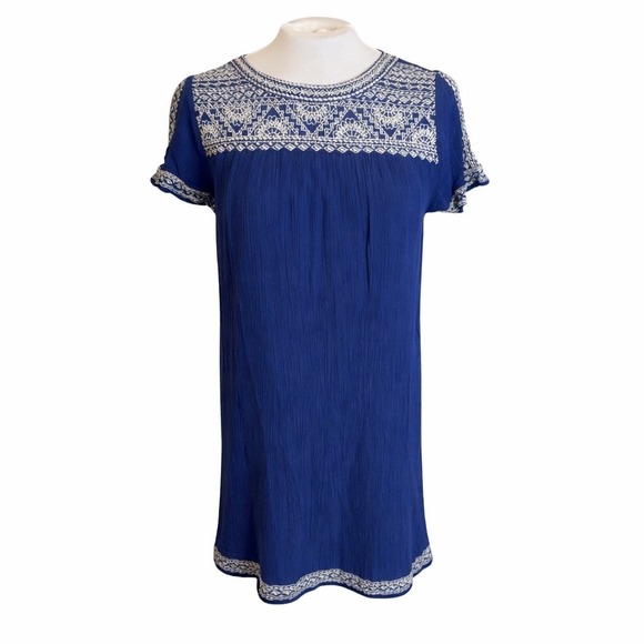 Lucky Brand Dresses & Skirts - Lucky Brand Blue Embroidered Gauze Shift Dress Womens Small Boho Short Sleeve